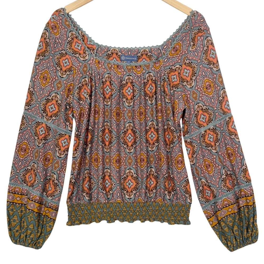 Democracy Womens Small Multicolor Medallion‎ Blouse Balloon Sleeve Boho Peasant